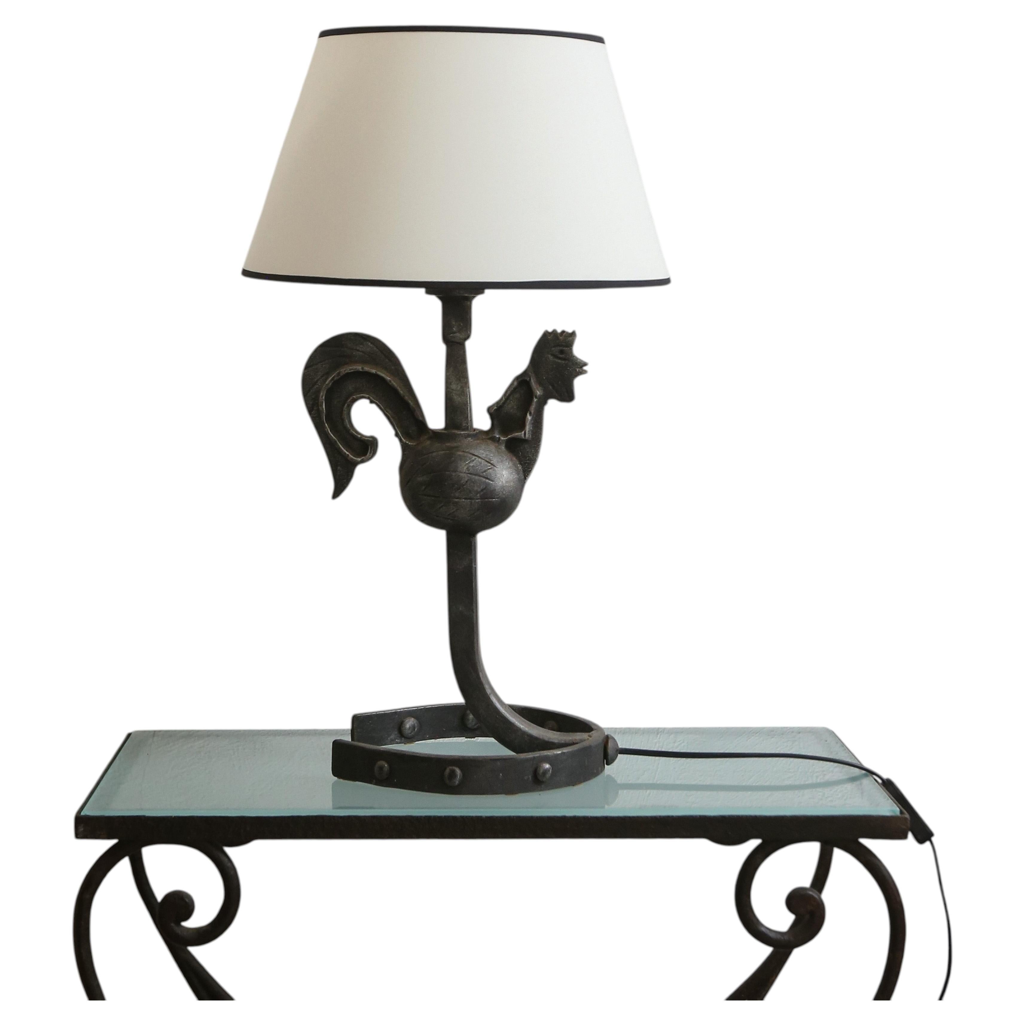 French 1950s Jean Touret Wrought Iron Rooster Table Lamp For Sale