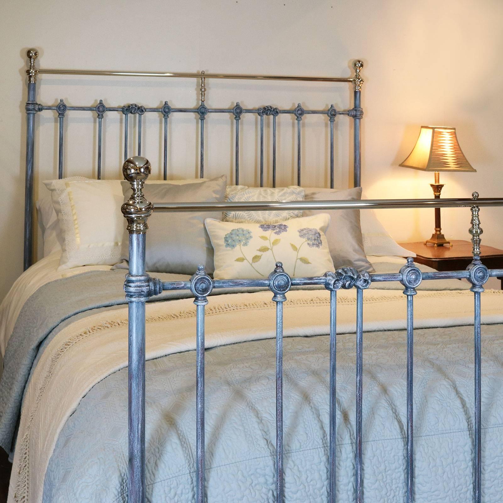 A metal bed adapted from an original Victorian frame and finished in blue tonal effect with nickel plated brass work. This fine bed has been given a contemporary look with the blue and nickel.

The bed accepts a British king-size or American