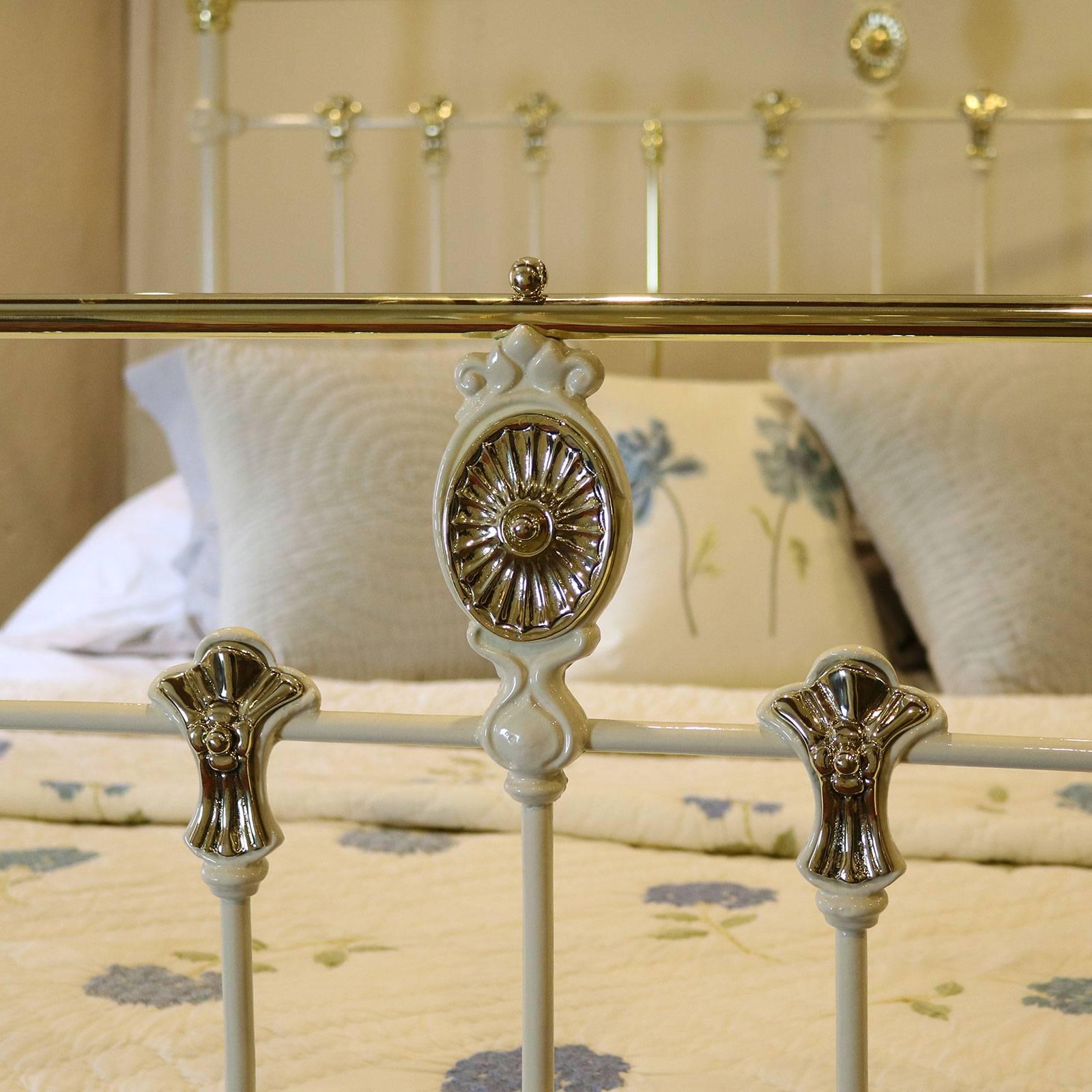 19th Century Wide Cream Bed with Brass Rosette Decoration