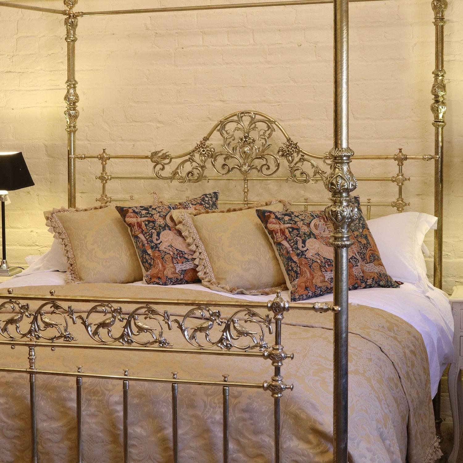A magnificent all brass four-poster bed bed with etched posts, ornate brass fittings, decorative brass knee-caps and delicate castings depicting song birds.

This superb four-poster bed bed was originally manufactured in Birmingham, UK, circa