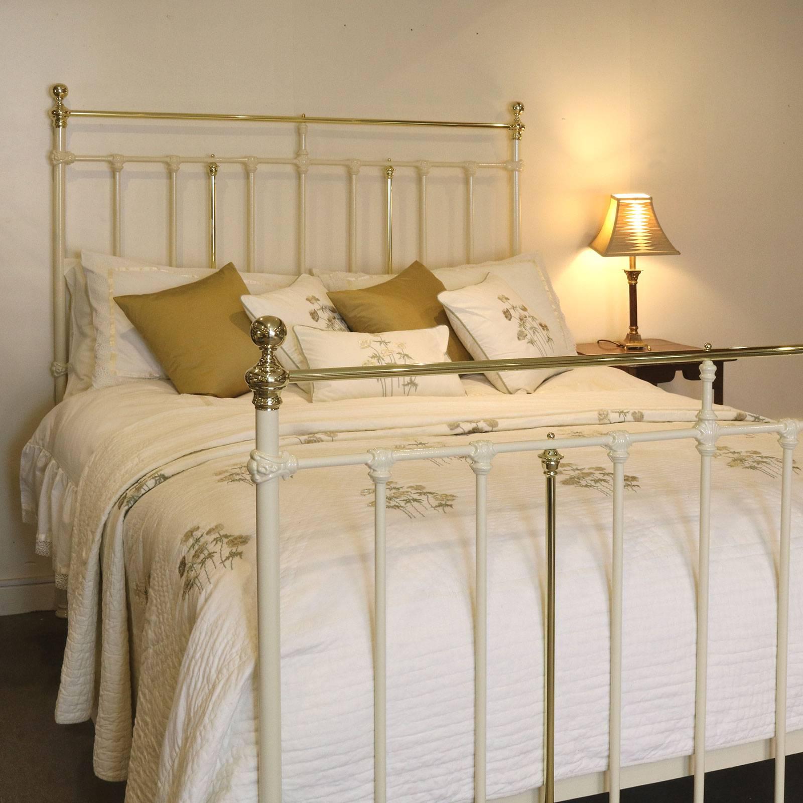 An attractive brass and iron Victorian bed with decorative castings.

This bed accepts a British king-size or American queen-size (60 inches, 5 ft or 150 cm wide) base and mattress set.

The price is for the bed frame alone. The base, mattress,