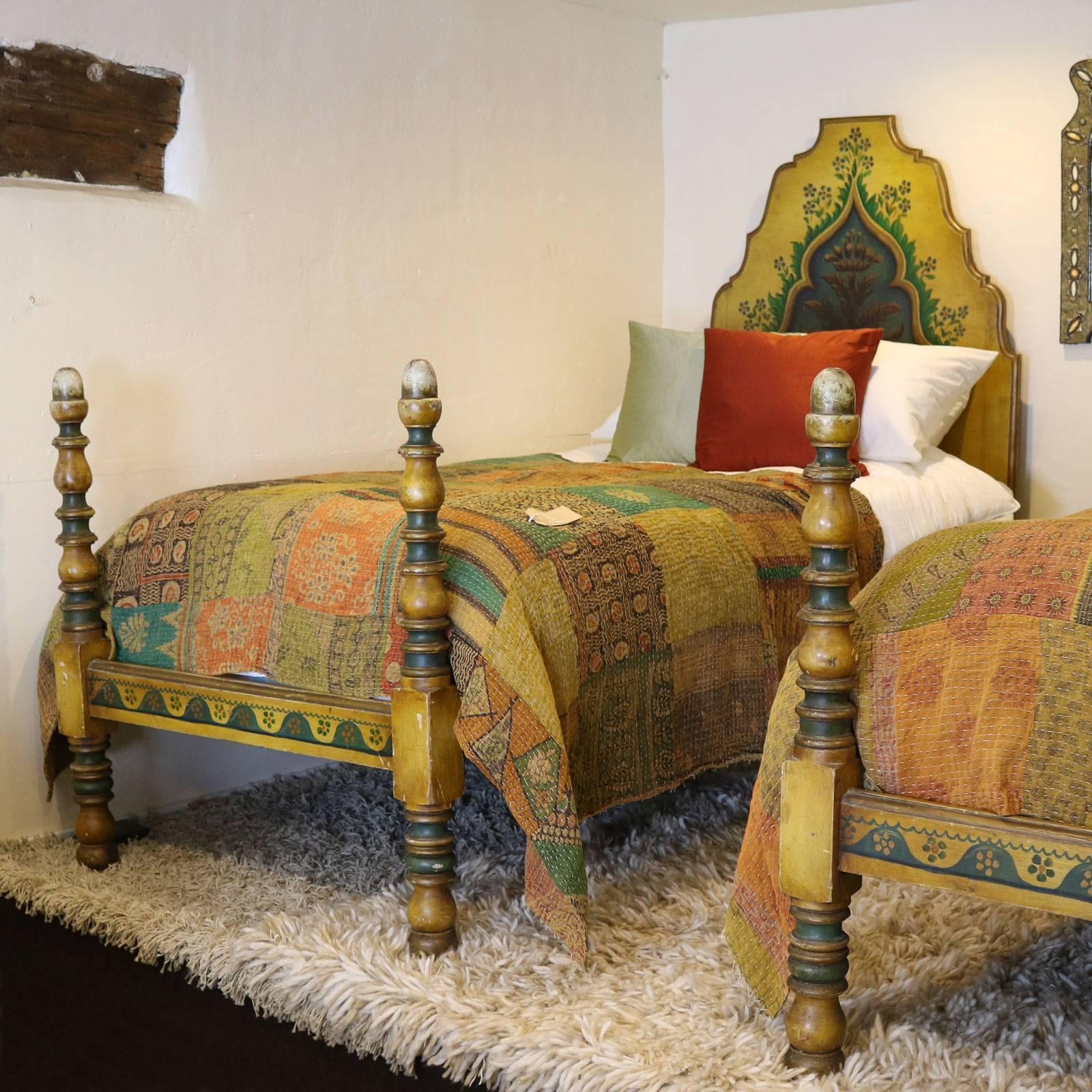 Most unusual pair of Bavarian painted folk art single beds in the Bauernmalerei style. Circa 1910.

The price is for the beds alone, the bases, mattresses and bedding are extra and can be provided by Seventh Heaven.

The dimensions of the beds