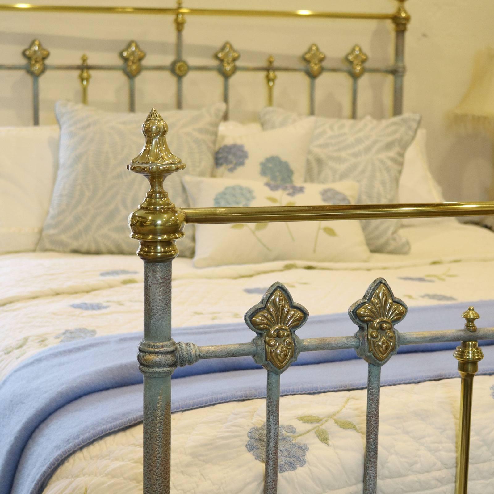 British Blue Verdigris Decorative Brass and Iron Bed