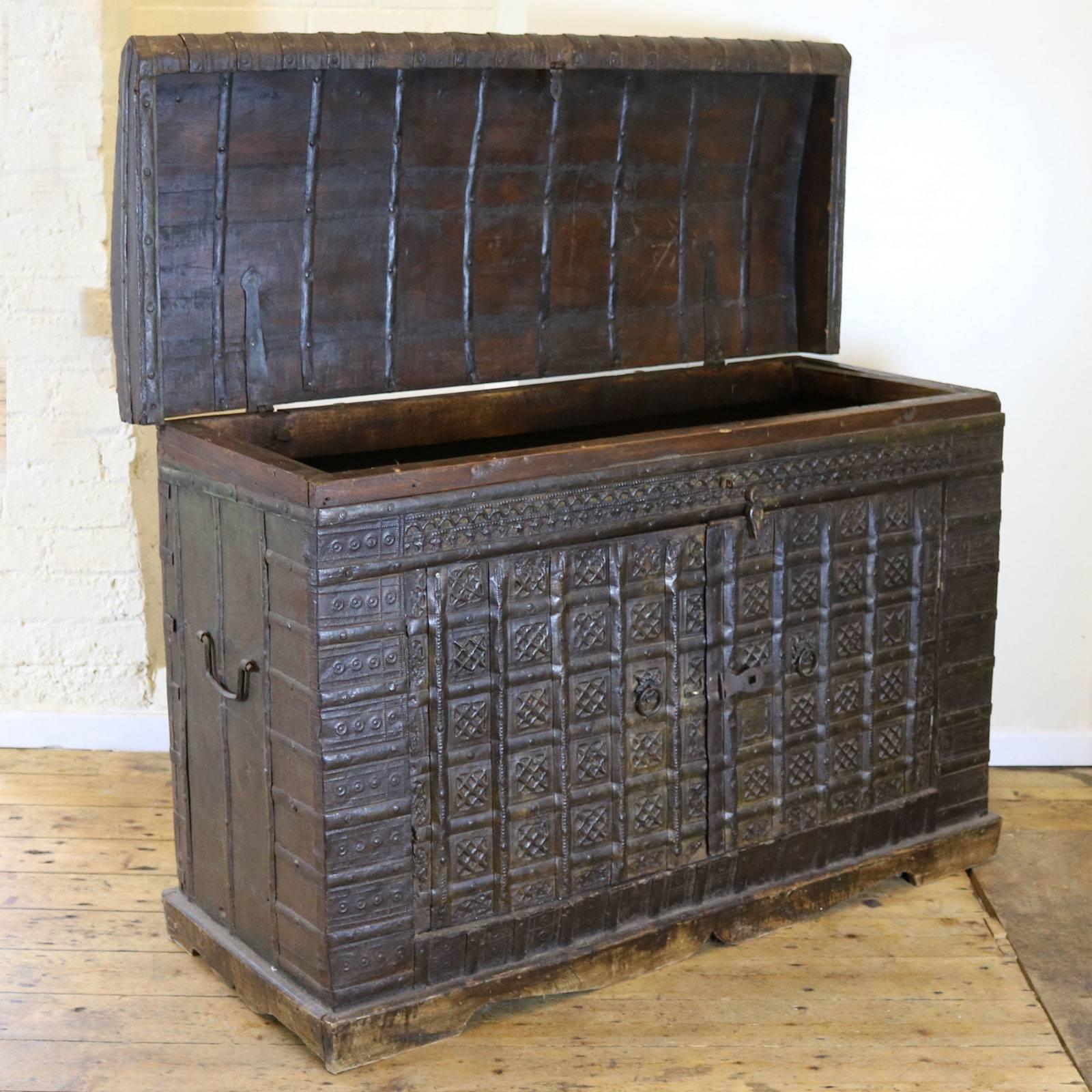A decorative Moroccan chest with pressed metal decoration.