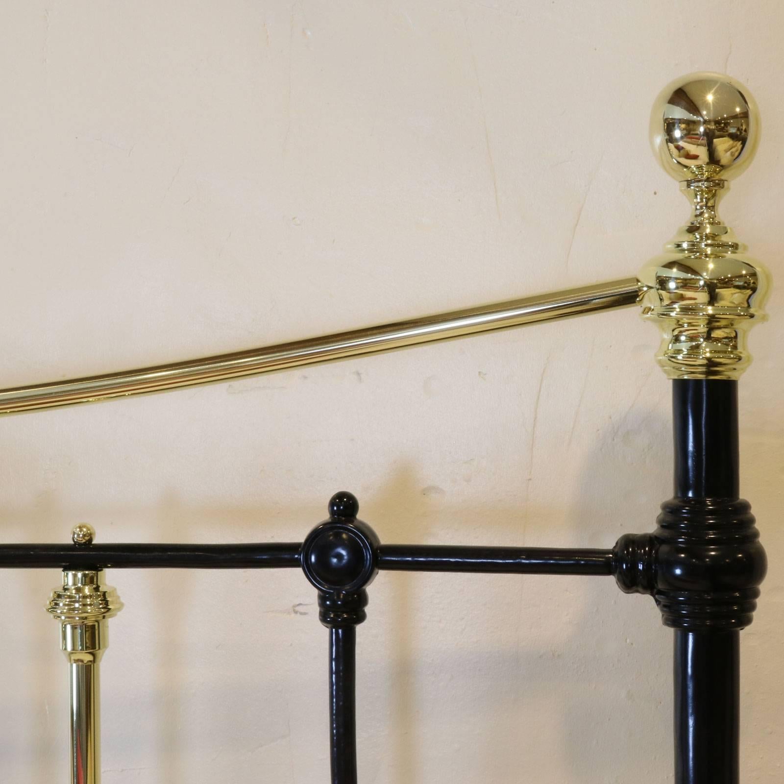 A platform or low end bed adapted from Victorian frame with triple brass down bars and curved top rail.

The bed accepts a British king-size (5ft wide, 60 in or 150 cm) or American queen-size.

The price is for the bed frame alone. The base,