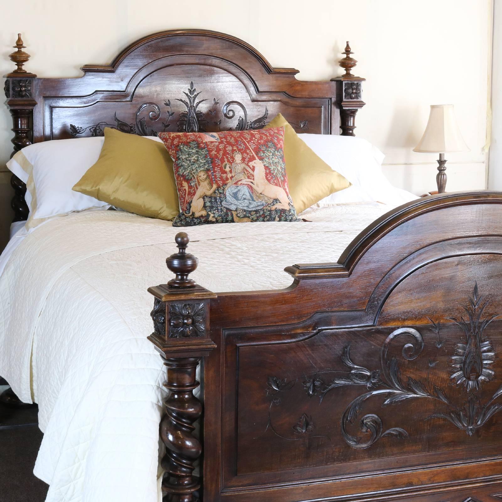 A fine example of a French Chateau bed in walnut.

This bed accepts a 5ft wide (60 in) British king-size or American Queen size base and mattress.

The price is for the bed alone, the base, mattress, bedding and linen are extra and can be