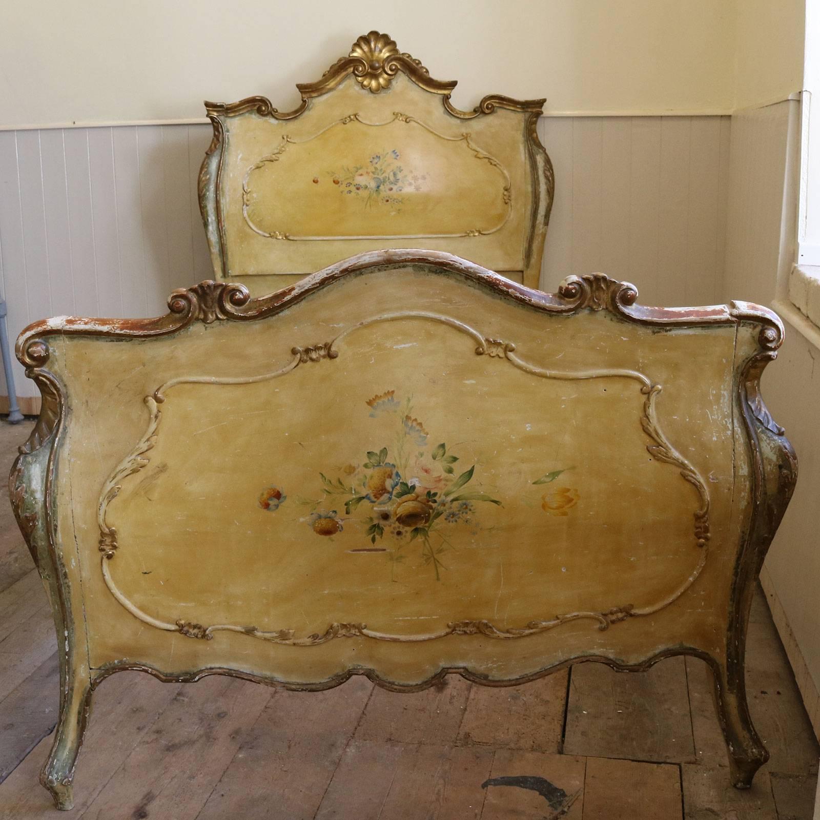 This polychrome Rococo Italian bed has delicately painted panels with central floral designs.

This bed accepts a 3ft wide by 6ft 3in (or 6ft 6in long) base and mattress.

The price is for the bed frame alone. The base, mattress, bedding and linen