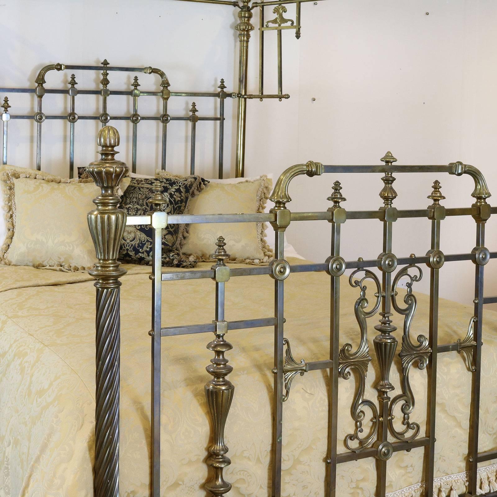 A superb example of a late Victorian half tester bed with ornate cast brass fittings, barley twist front posts and decorative central feature in the foot panel. At some time in its history the back posts have been lowered, and we can if required