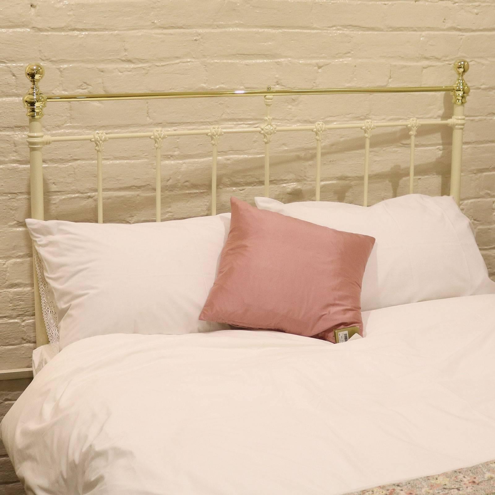 A double brass and bed finished in soft cream.

This bed accepts a double size (4ft 6in wide, 54 inches or 137 cm) base and mattress set.

The price is for the bed frame alone. The base, mattress, bedding and bed linen are extra and supplied by