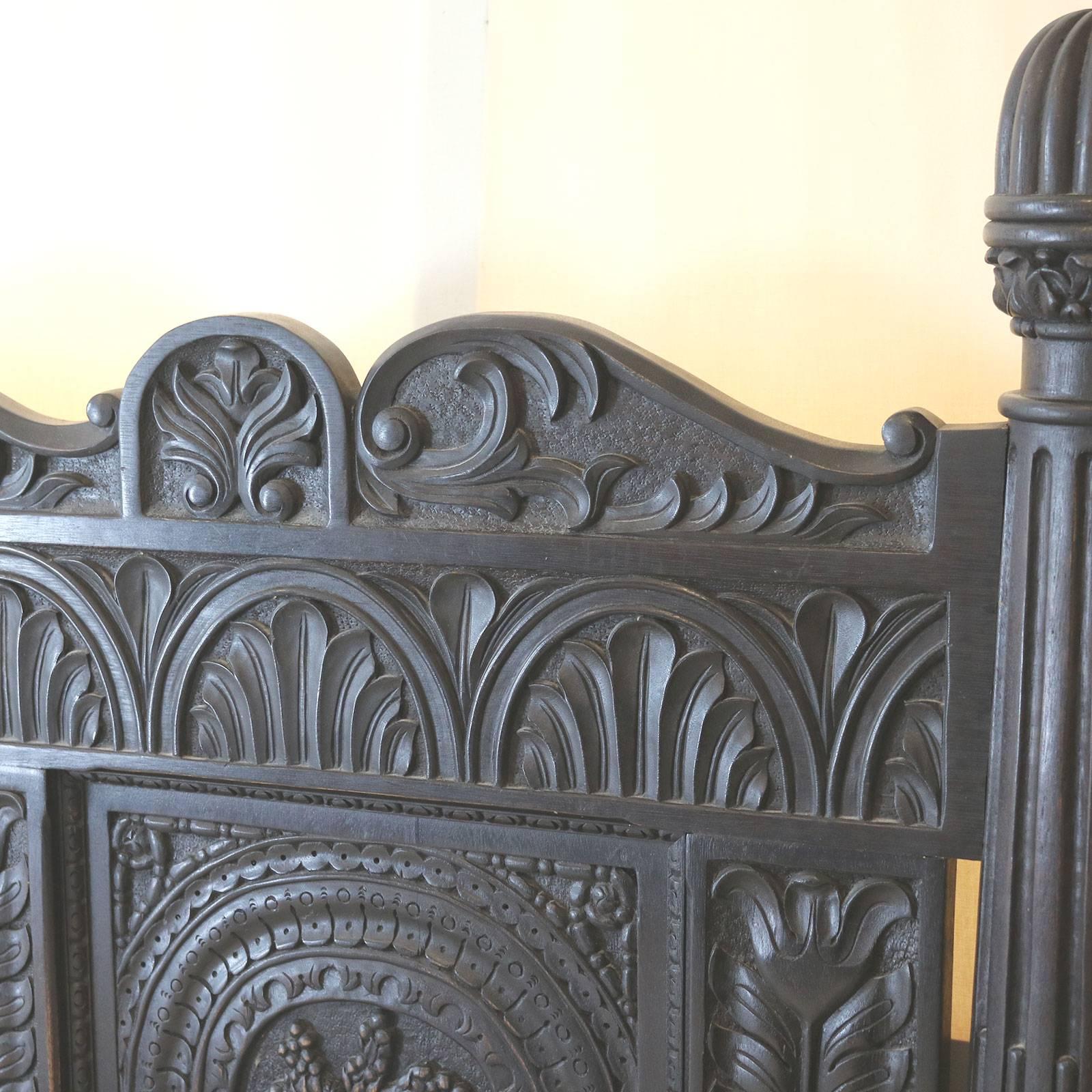 Wide Ebonized Carved Jacobean Style Bed - WSK1 1
