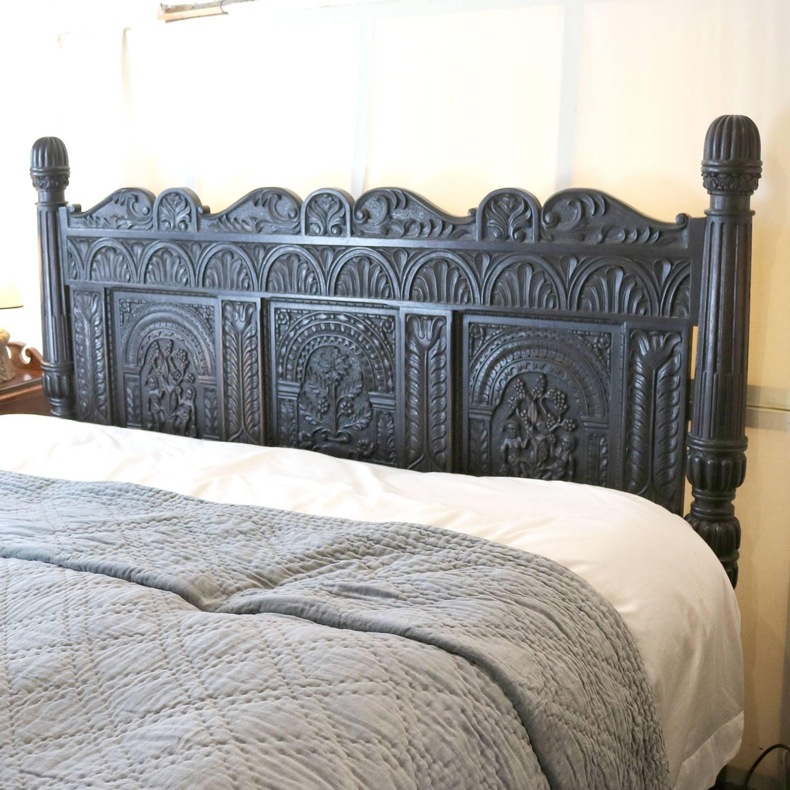 20th Century Wide Ebonized Carved Jacobean Style Bed - WSK1