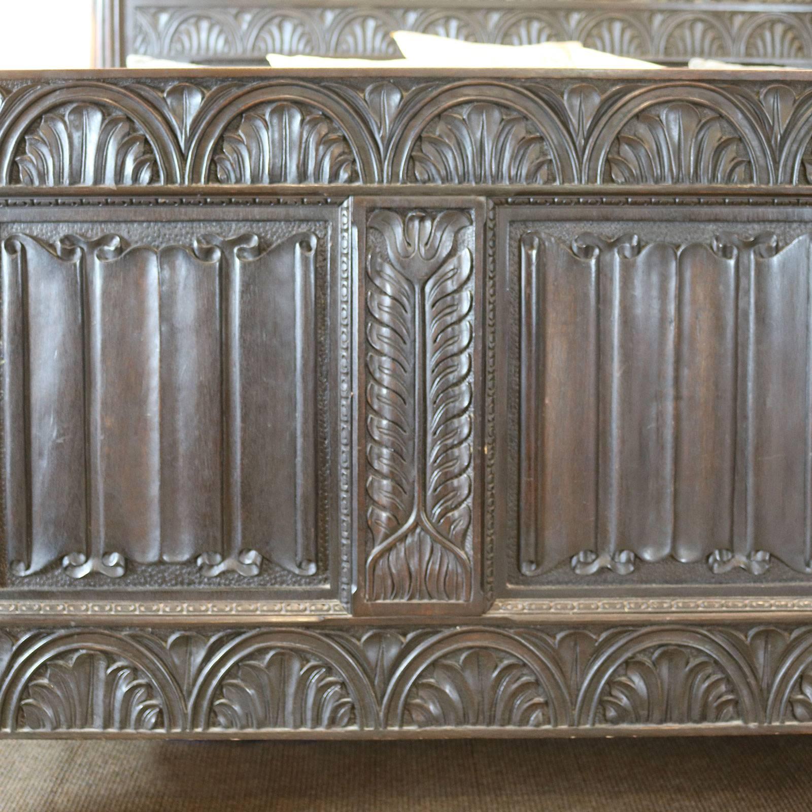 Wide Ebonized Carved Jacobean Style Bed - WSK1 In Excellent Condition In Wrexham, GB