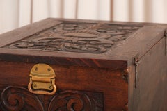 Jacobean Revival Carved Oak Chest with Brass Handles for Storage