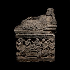 Cinerary urn with lid. Etruscan, 4th-3rd century BC. Limestone. 82 cm height.