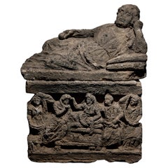 Cinerary urn with lid. Etruscan, 4th-3rd century BC. Limestone. 82 cm height.