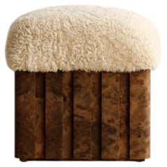 Oro Stool in Curly Shearling with Walnut Veneer Base By Frances Jean
