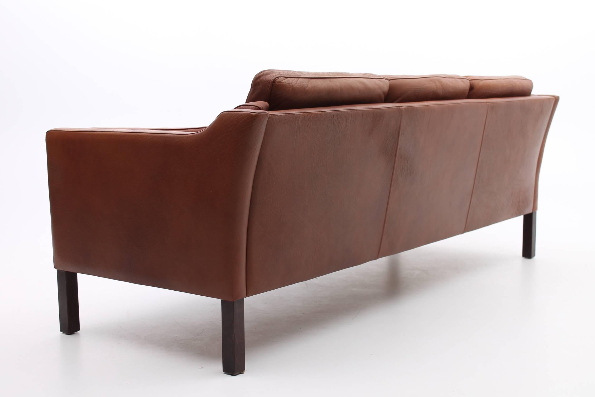 Scandinavian Modern Chestnut Brown Leather Sofa - Danish, Mid Century Modern