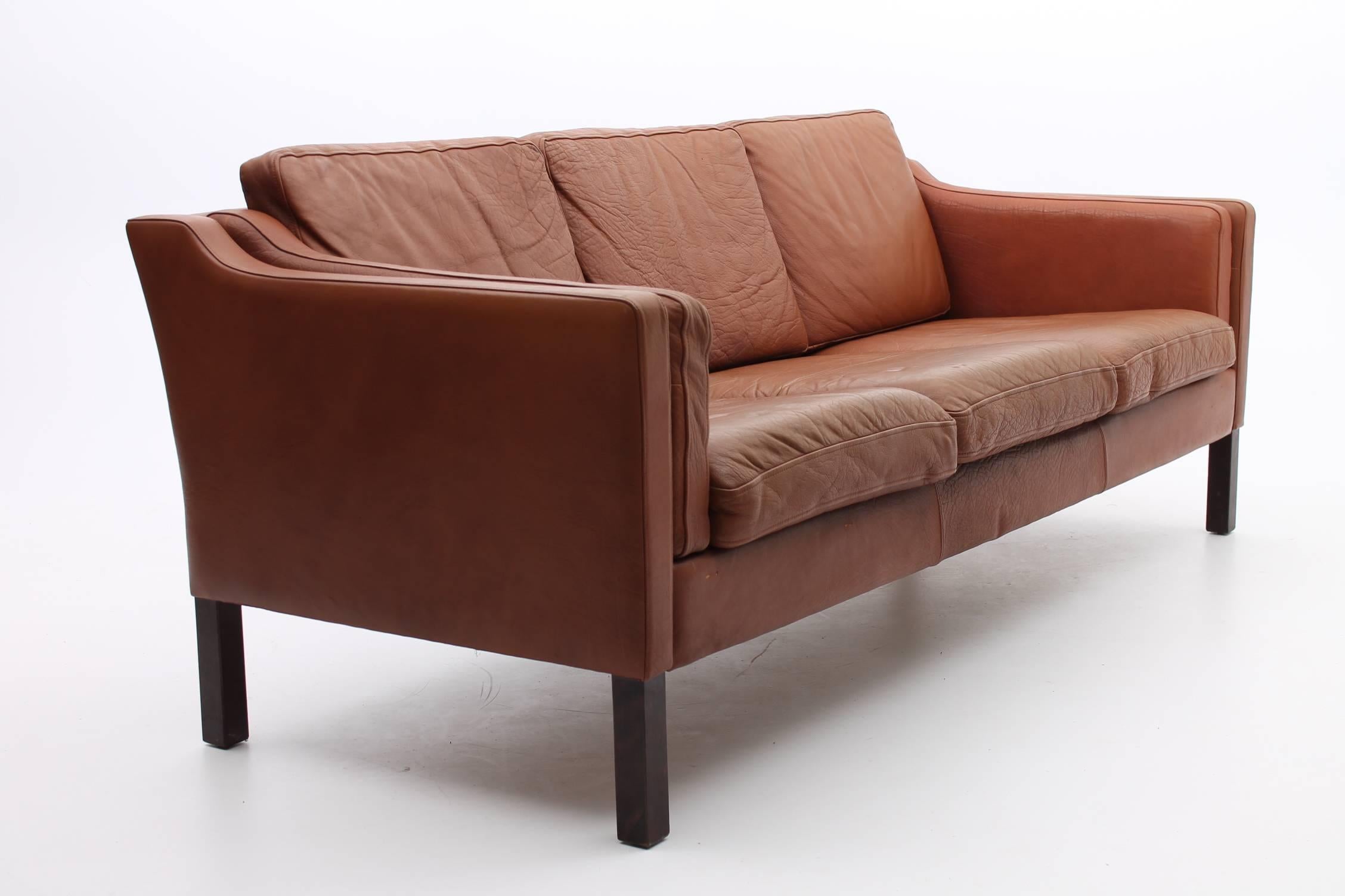 Chestnut Brown Leather Sofa - Danish, Mid Century Modern In Excellent Condition In Houston, TX