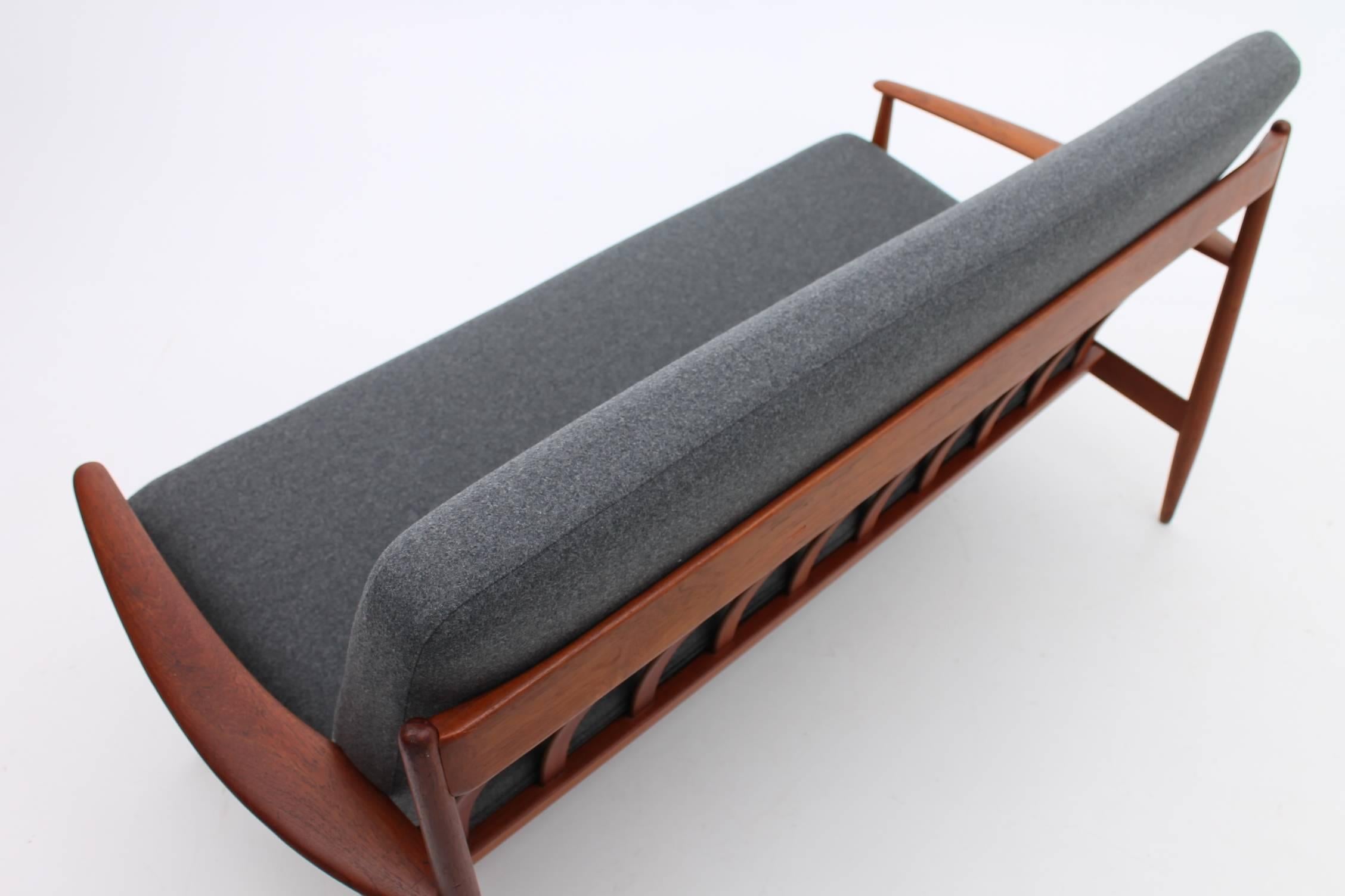 Scandinavian Modern Grey, Teak Loveseat by Grete Jalk, 1964 - Danish, Mid-Century  For Sale