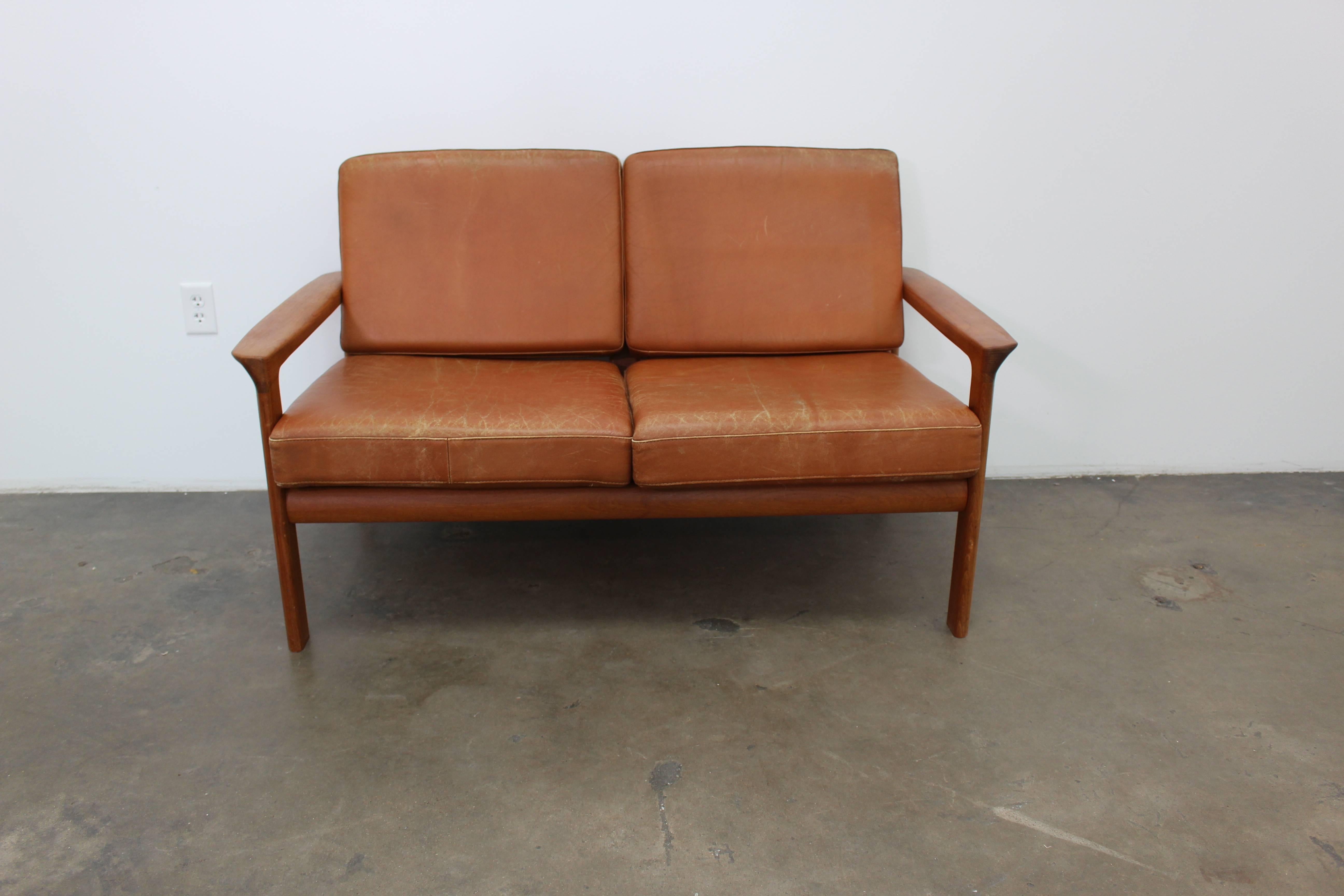 Cognac Leather Sofa/Loveseat with Teak Frame, Scandinavian Modern, 1970 In Good Condition For Sale In Houston, TX