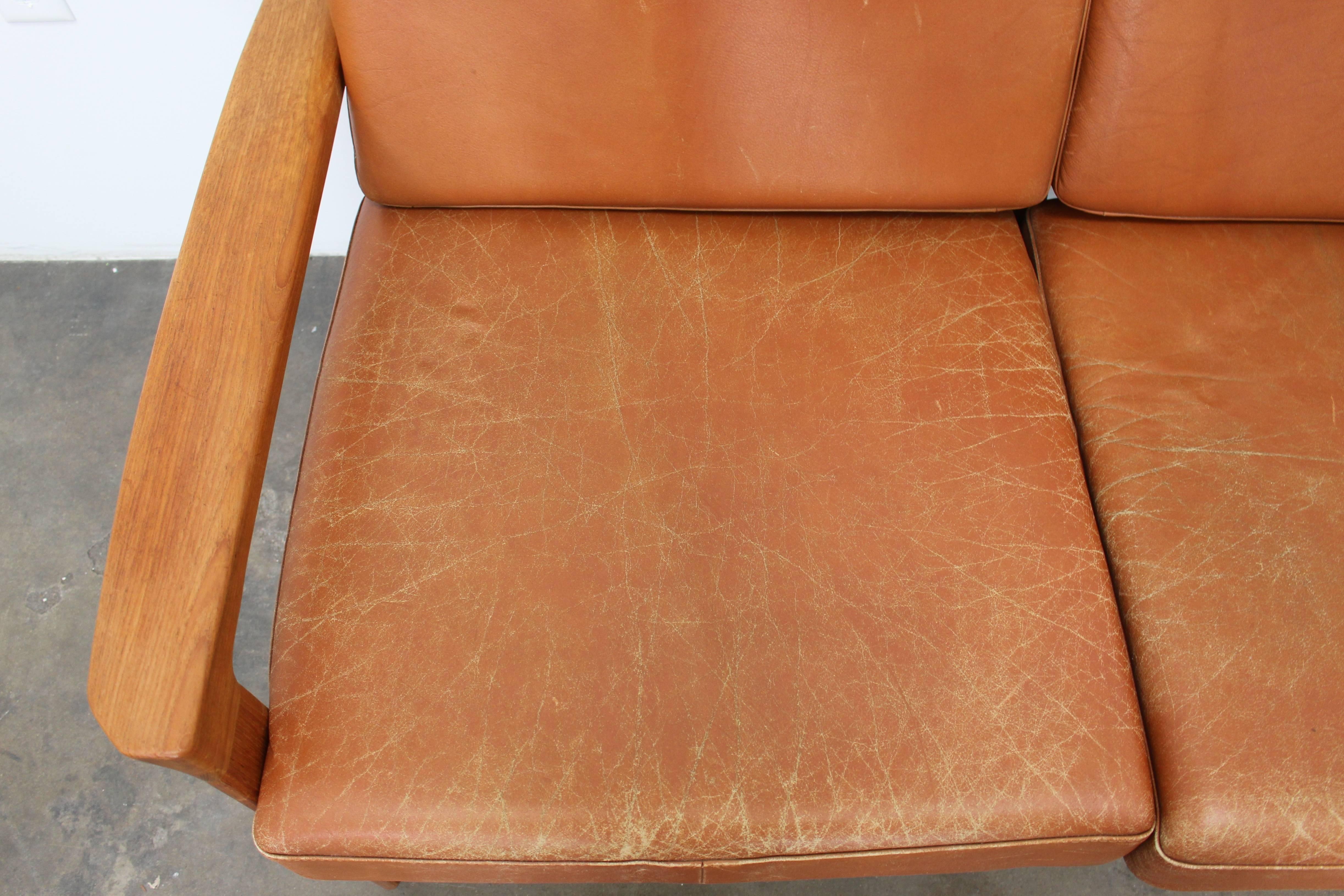 Cognac Leather Sofa/Loveseat with Teak Frame, Scandinavian Modern, 1970 For Sale 1