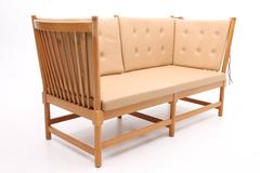 Spokeback Loveseat with Tan Cushions by Børge Mogensen for Fritz Hansen