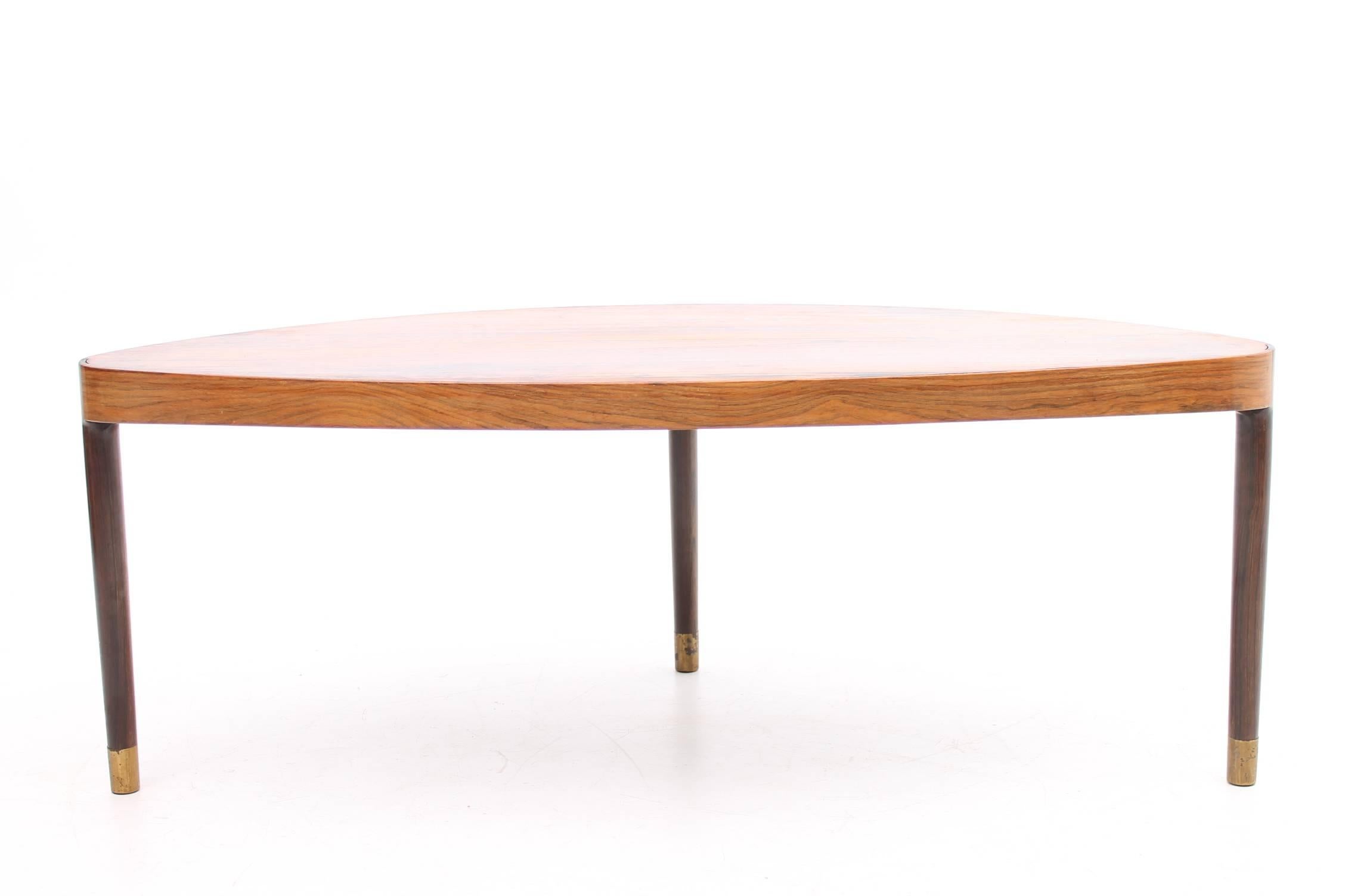 Danish Oblong Rosewood Coffee Table with Brass Feet, Scandinavian Modern