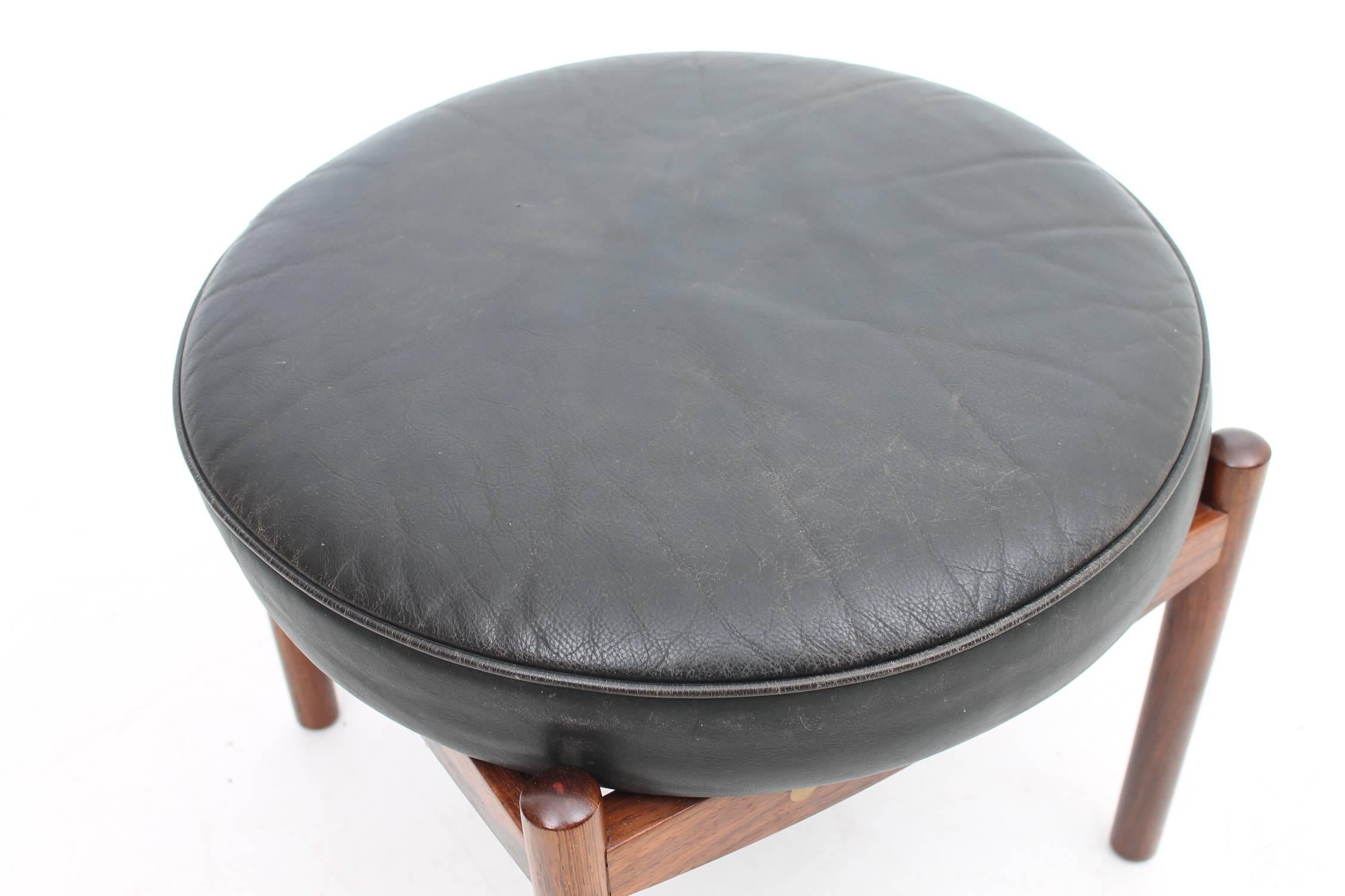 Scandinavian Modern Black Leather Footstool with Rosewood Frame