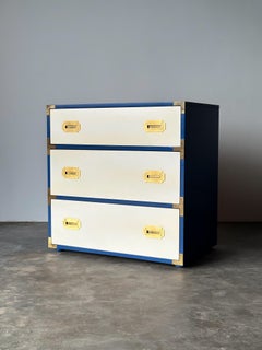 Blue & White Lacquered Campaign Chest of Drawers with Brass Hardware, 1970s