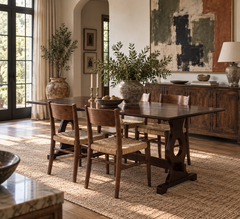 Mesa de comedor antigua de estilo rústico inglés con patas en forma de caballete, de roble