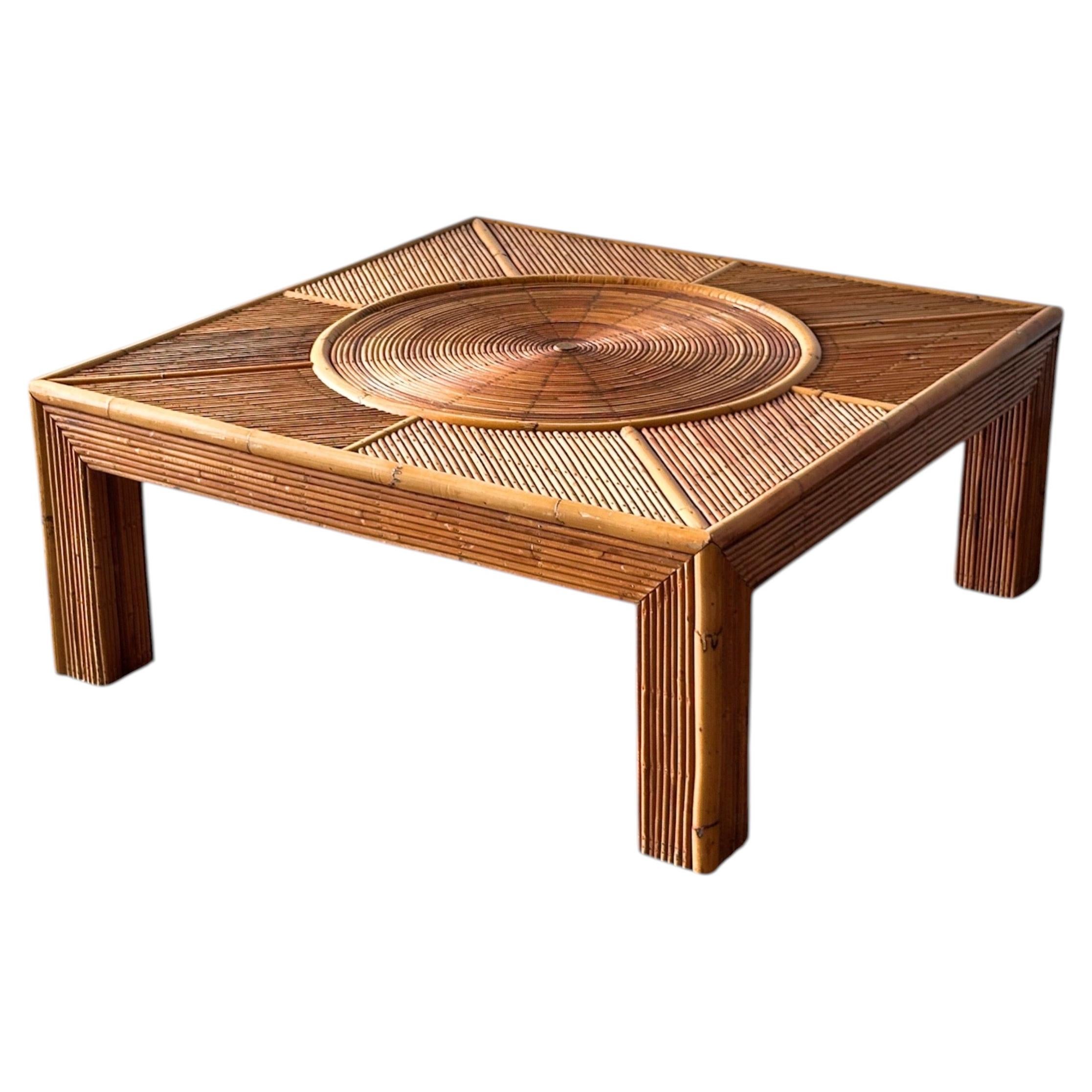 Table basse en rotin « Sunburst », attribuée à Vivai Del Sud, Italie, années 1970