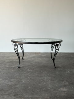 Black Wrought Iron Patio Round Glass Coffee Table, Woodard, Mid-20th Century