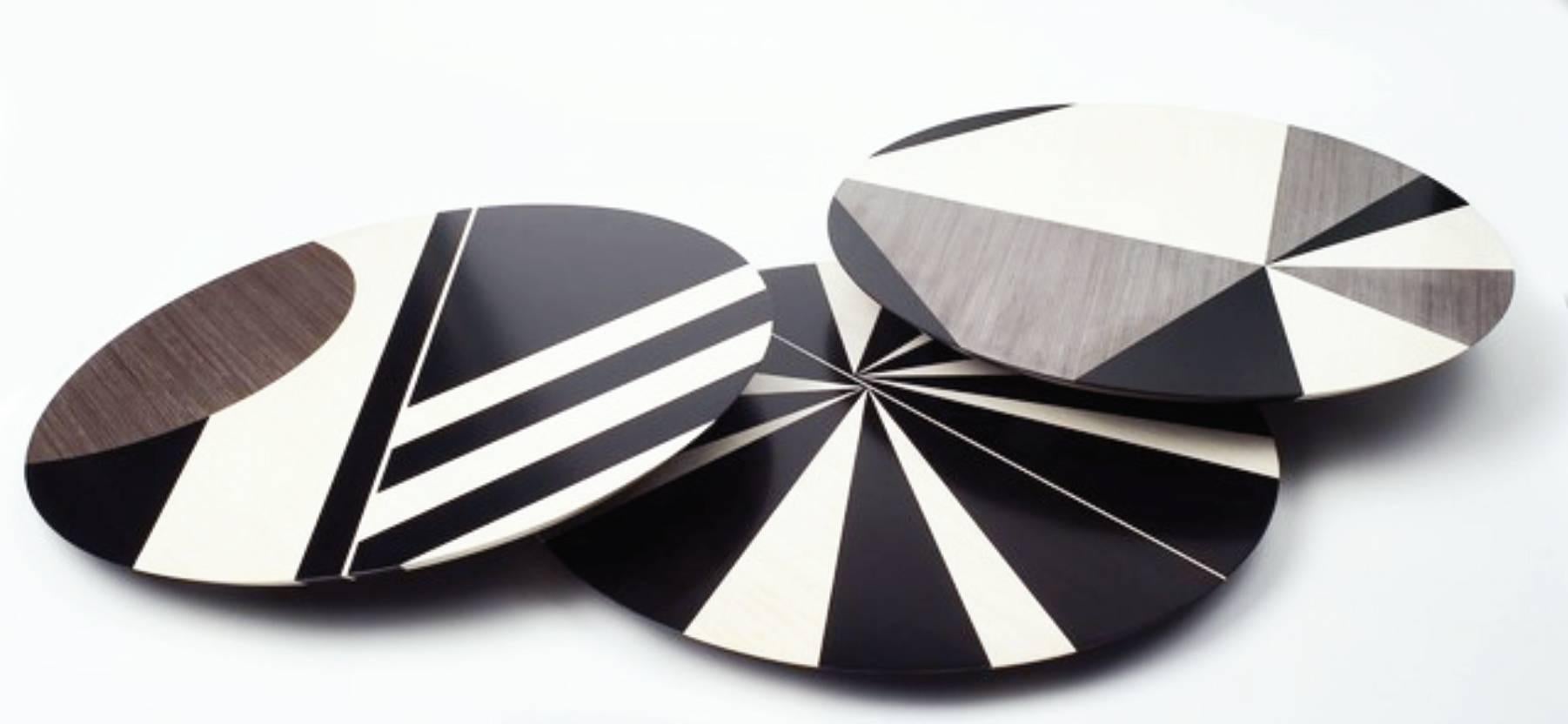 Wood marquetry Lazy Susan in black poplar and bleached gmelina. Sunburst pattern shown above available. 