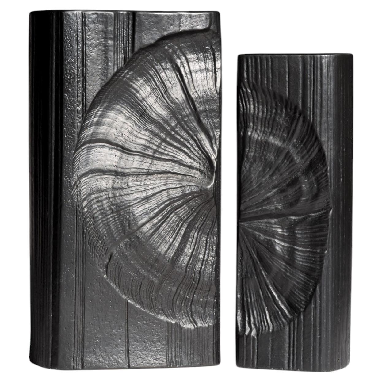 Rosenthal Ammoniten Porcelaine Noire Vase Pair by Martin Freyer, 1970s