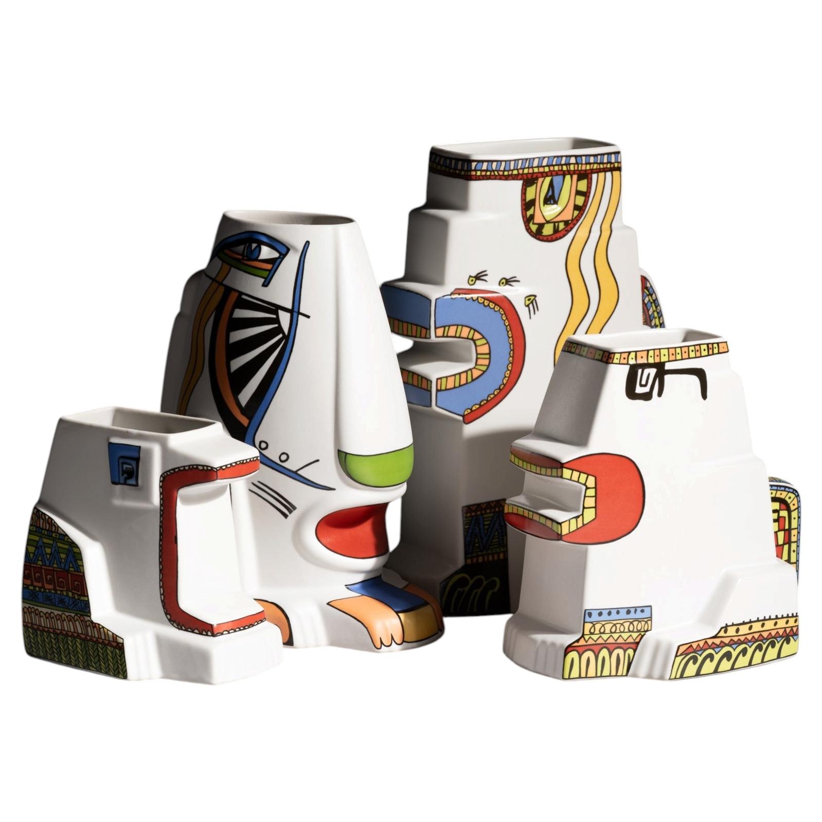 Pre-owned Rosenthal Javier Mariscal Leones Four Porcelain Vases For , 1990s In Beige