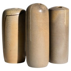 Rainer Geschke Sculptural Stoneware Vase Trio, Signed, Germany, c. 1996-1999