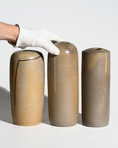 Rainer Geschke Sculptural Stoneware Vase Trio, Signed, Germany, c. 1996-1999
