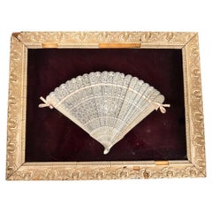 19th-Century Chinese Export Carved Ivory & Bone Fan in White Frame
