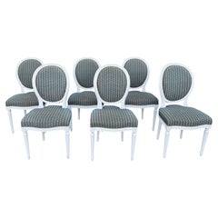 Set of 6 Louis XVI Style Medallion Chairs in Blue Textured Fabric