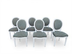 Set of 6 Louis XVI Style Medallion Chairs in Blue Textured Fabric