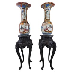 Pair of Monumental Meiji Period Japanese Porcelain Vases with Carved Consoles