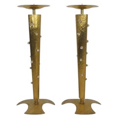 Pair of Monumental Brass Floor Candlesticks in the Hollywood Regency Taste