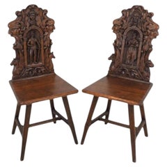 Rare Pair of Austrian Carved Wedding Chairs in Walnut, 19th Century