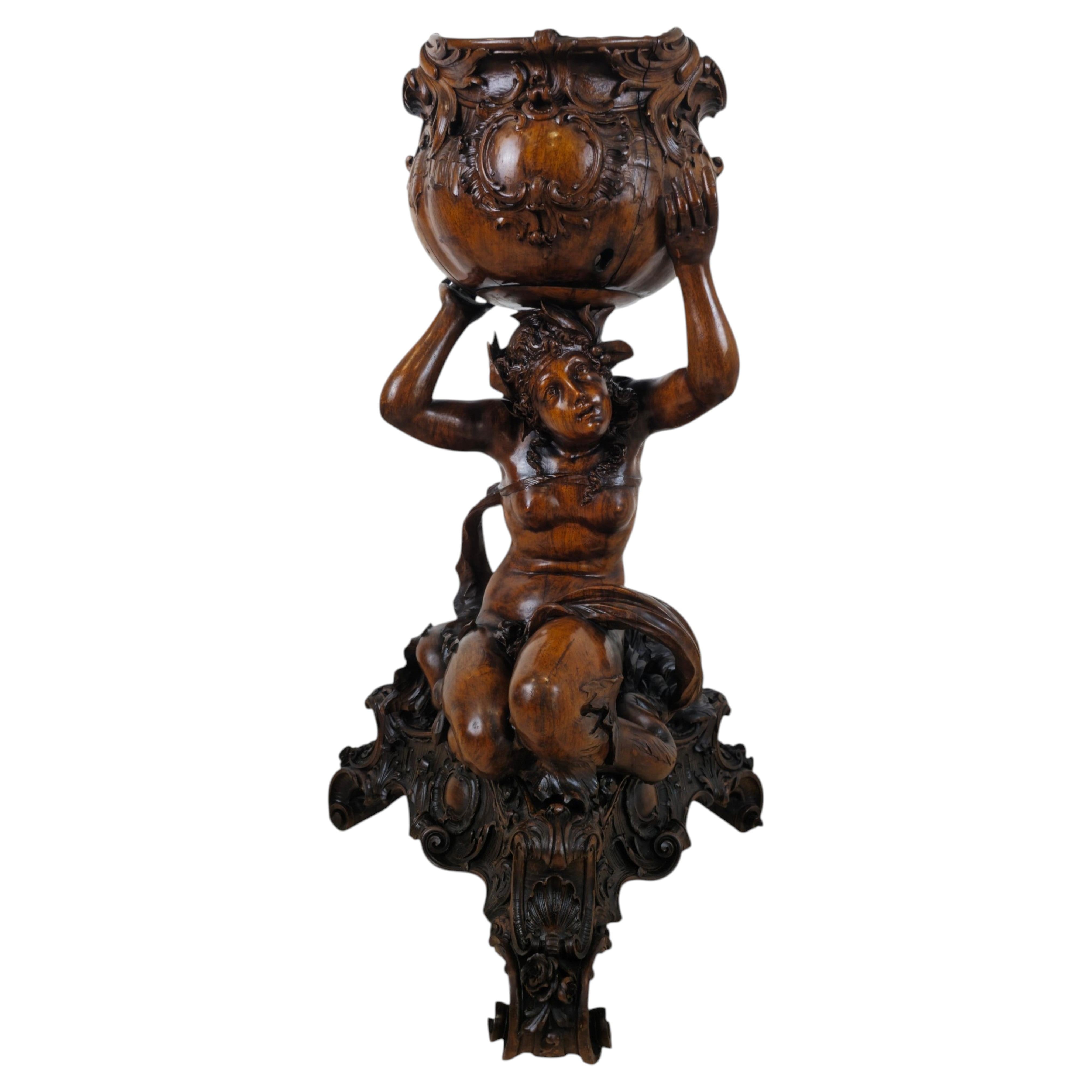 Venetian Baroque Walnut Naked Siren Sculpture with Planter, attr. Brustolon For Sale