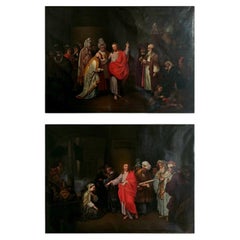 Pair of Exceptionally Rare Large Oil Paintings: Christ with the Scribes