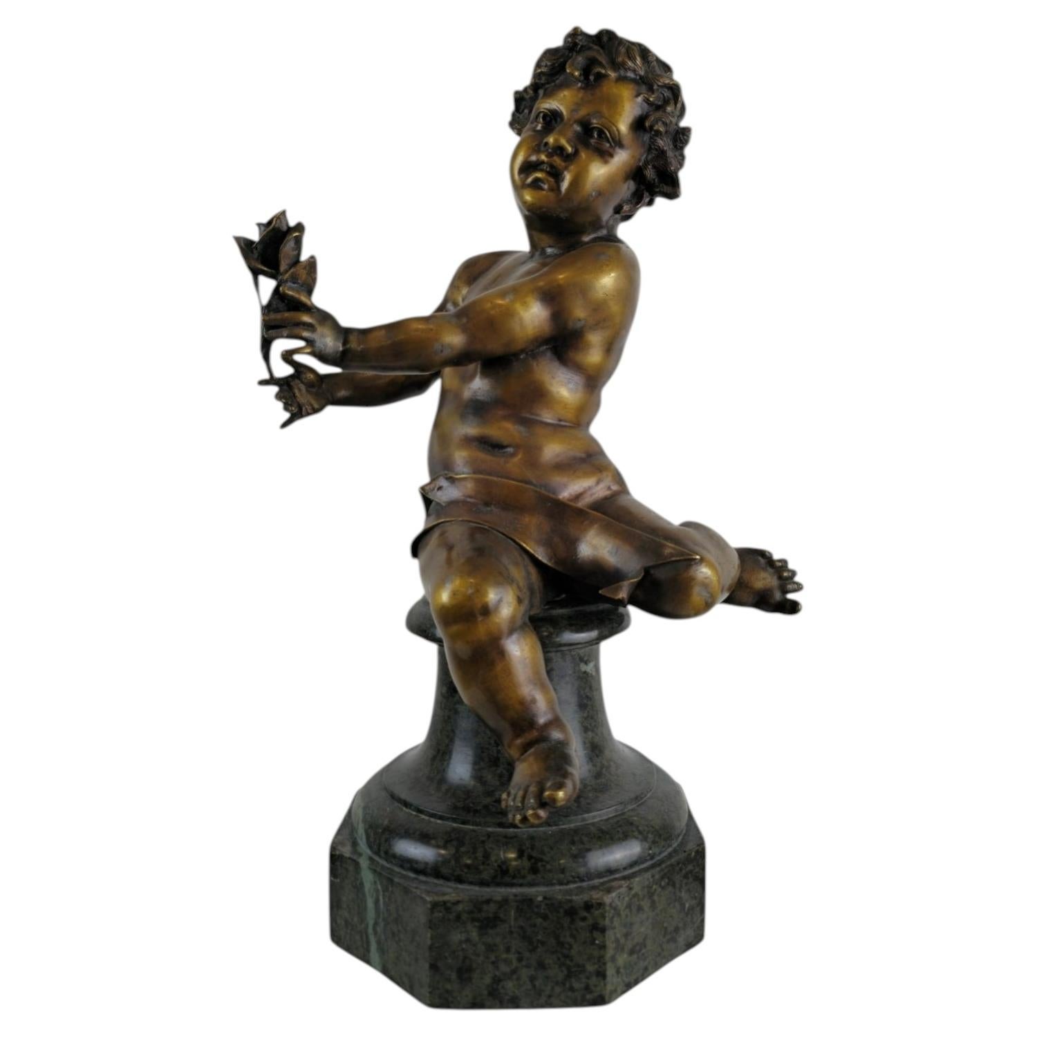Großer französischer Barock-Putto aus Bronze mit Tulpe, um 1880