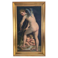 Elegante escultura italiana titulada «Cupido tallando su arco», inspirada en Parmigianino, hacia 1800