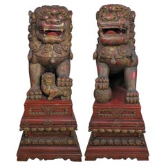 Monumental, Lifesize Pair of Chinese Foo Lions in Red and Gilt Wood