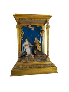 Exquisite Italian Nativity Scene in Gilt Wood Shrine, circa 1900