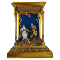 Exquisite Italian Nativity Scene in Gilt Wood Shrine, circa 1900